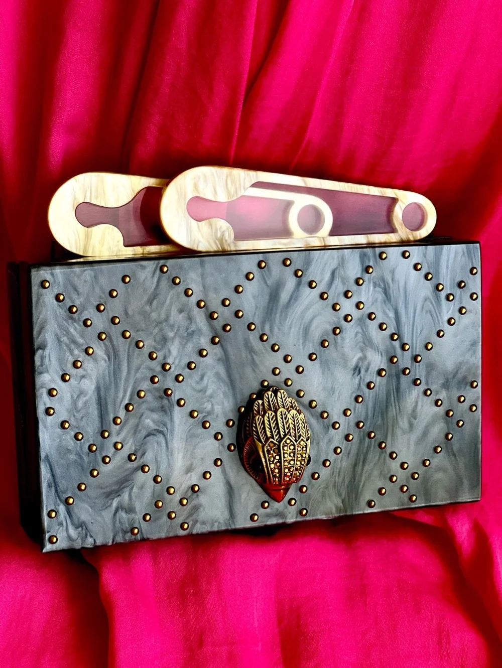 Kurt Geiger Kensington safety pin box clutch on chain gray mother of pearl NWT